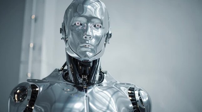 Silver humanoid robot in a modern office with cinematic camera movement