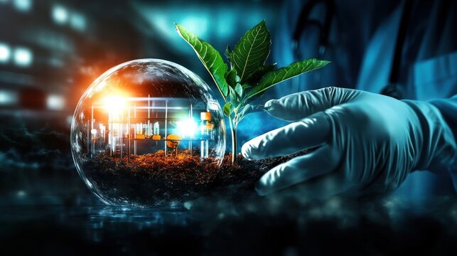 Hand in Glove Holding Plant in Glass Sphere with Urban Background
