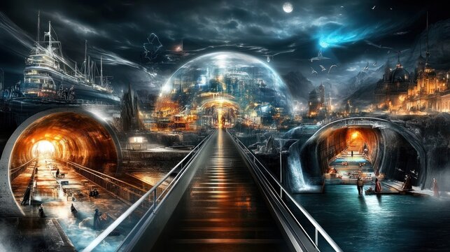 Futuristic Cityscape with Glowing Tunnels and Distant Vessels