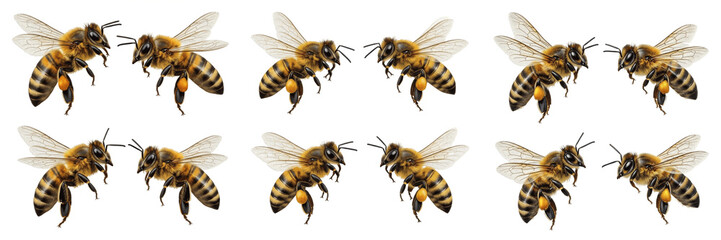 Set of Flying Honey Bees PNG Collection, Realistic Insects with Detailed Wings and Pollen Isolated on Transparent Background, Essential Nature Graphics for Agriculture, Biology, Education and Wildlife © Sorlolve