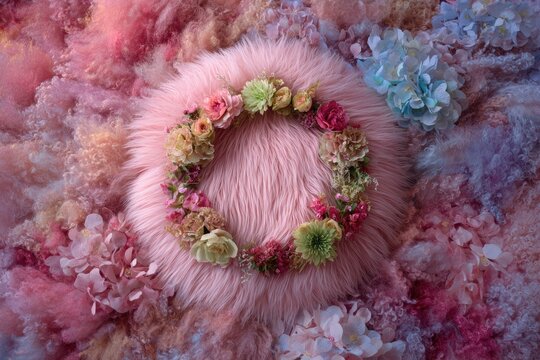 Soft, pastel-colored fluff forms a textured background with a flowered wreath center