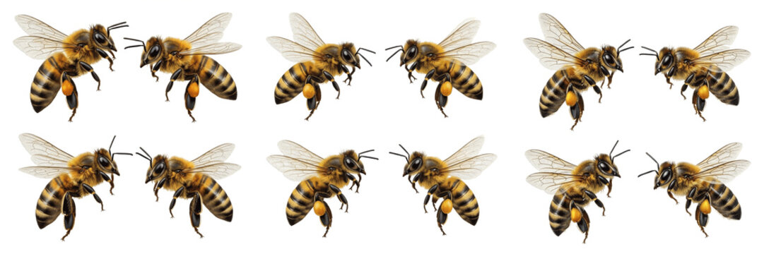 Set of Flying Honey Bees PNG Collection, Realistic Insects with Detailed Wings and Pollen Isolated on Transparent Background, Essential Nature Graphics for Agriculture, Biology, Education and Wildlife