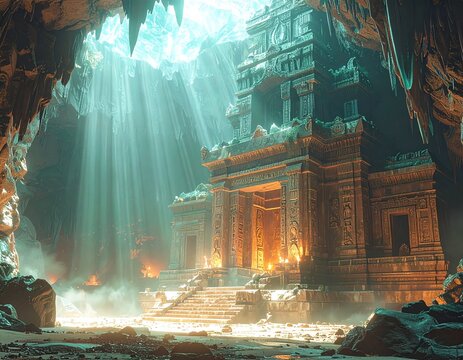 Monolith building stands as an ancient relic inside a deep earth cavity bathed in radiant celestial light and warm orange embers.