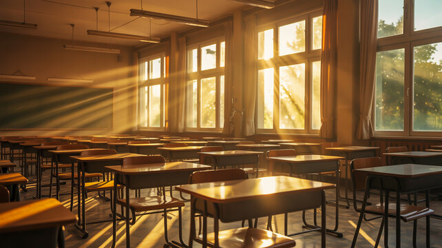 Empty classroom with desks and chairs and large windows