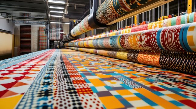 Mass production of vibrant patterned textiles on industrial printing machinery showcasing colorful designs