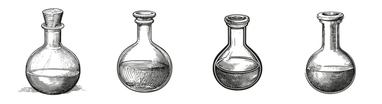 Vintage Glass Laboratory Bottles with Different Liquid Levels, Logo Design, Hand drawing Engraving, Vector Illustration Isolated Object