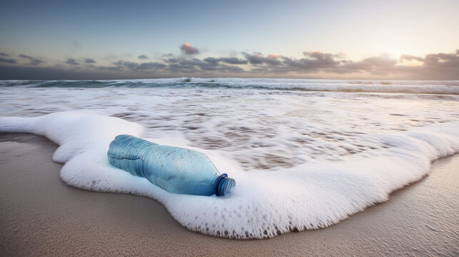 Plastic water bottle lying in sea foam on beach at sunrise, ocean litter, single use plastic pollution, environmental awareness, sustainability and coastal cleanup concept beach li