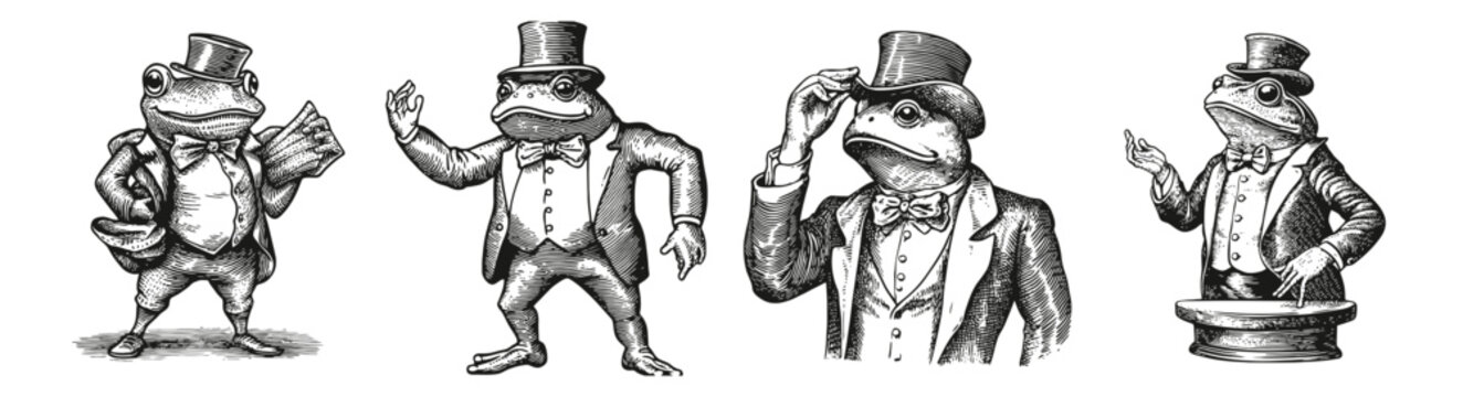 Elegant Frogs in Tuxedos with Hats, Performing Charming Tricks, Logo Design, Hand drawing Engraving, Vector Illustration Isolated Object