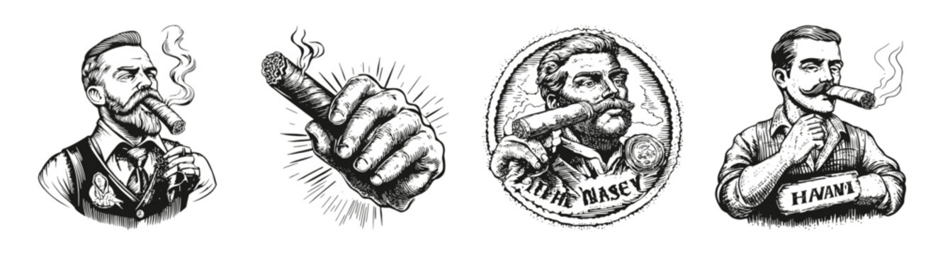 Vintage Bar Club Logo Design with Cigar Illustrations and Elements, vector illustration, engraving design, logo design set, black and white line, template design element