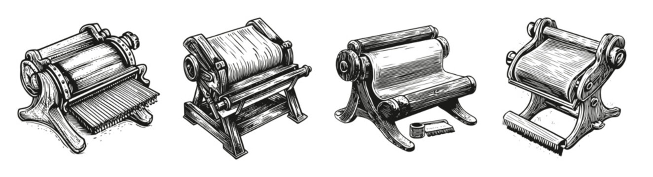 Vintage Printing Press Machines for Screen Printing and Silkscreen Art, vector illustration, engraving design, logo design set, black and white line, template design element
