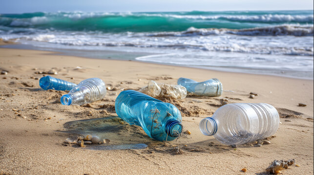 Plastic bottles and waste scattered on sandy beach near ocean waves, marine pollution, environmental damage, single use plastic, recycling awareness and coastal cleanup concept pla