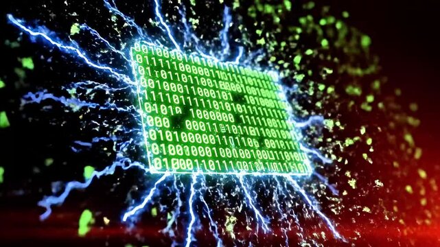 Digital composition of green binary code on a black background
