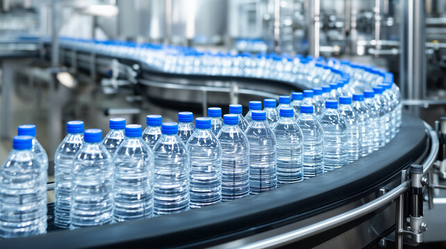 Rows of clear water bottles on curved conveyor in modern bottling factory, automated beverage packaging line, industrial production, clean facility and manufacturing process concep