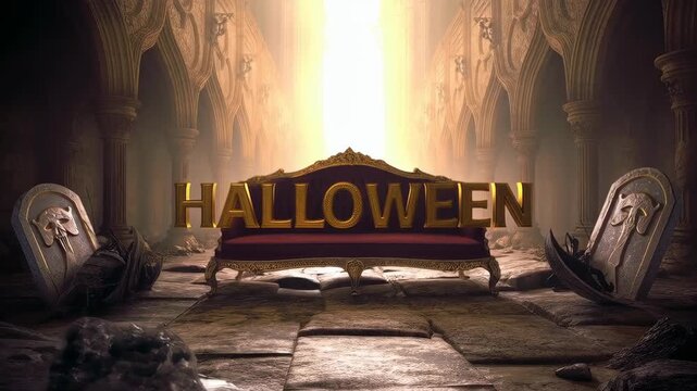 Eerie Halloween Lounge: A luxurious, ornate lounge with a velvet couch bearing the word HALLOWEEN in golden 3D letters, set against a backdrop of dramatic light rays piercing through an ancient.