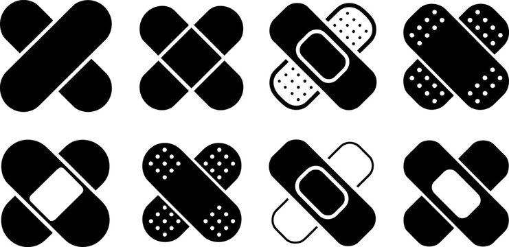 Adhesive bandages collection featuring various medical tape designs for minor injury protection and wound care in flat black silhouette vector icons isolated on background.
