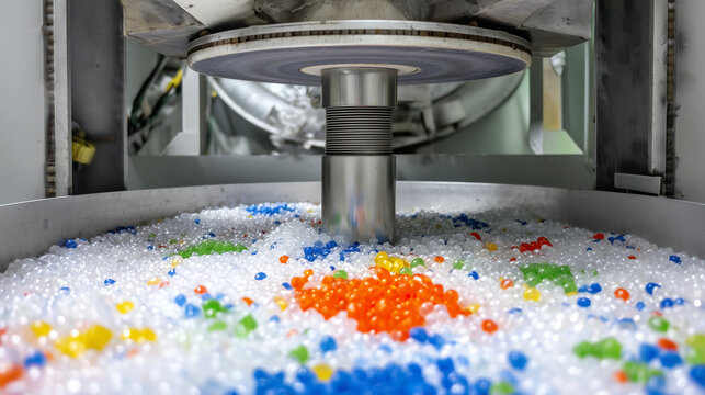 Plastic recycling granules and colorful polymer pellets inside industrial processing machine, raw recycled material, circular economy, manufacturing technology and sustainability c