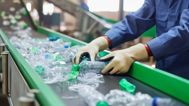Recycling worker sorting plastic bottles on conveyor belt in industrial facility, manual waste separation, material recovery, sustainability, circular economy and environmental res