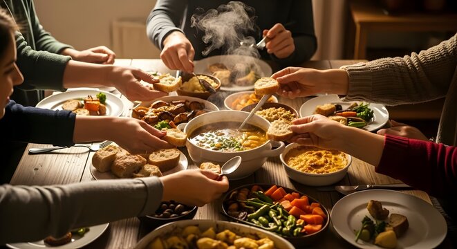 Family and friends gathered around a table sharing a delicious meal together.
