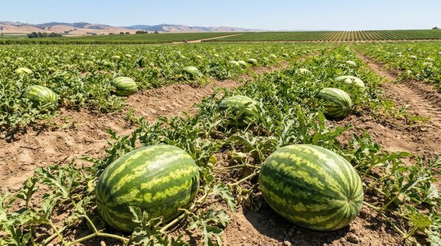A panoramic open watermelon patch landscape showcasing mature fruit and green vines resting on the dry soil in a sprawling agricultural farm field during a bright summer day, cinematic perspective.