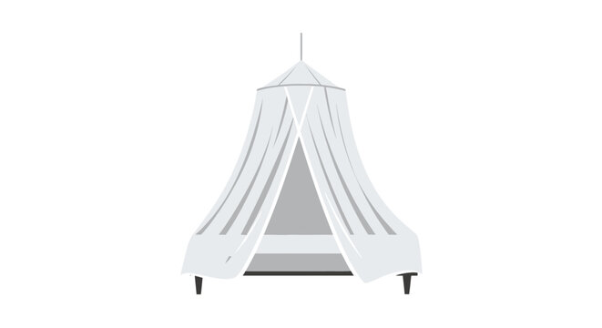 Elegant white canopy bed with flowing mosquito netting design.