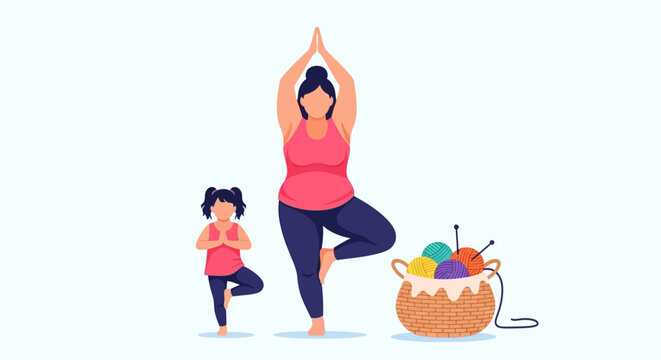 Mother and child practicing yoga together indoors with knitting supplies.