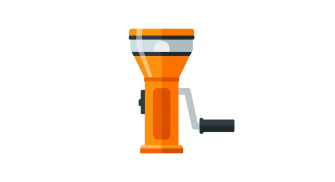 Manual orange grain mill with wooden handle crank.