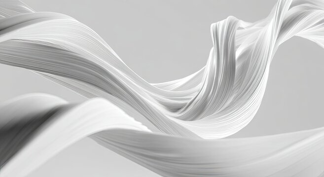 Softly spiraling white fabric suspended mid-air against a muted gray background