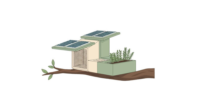 Modern eco friendly treehouse with solar panels illustration.