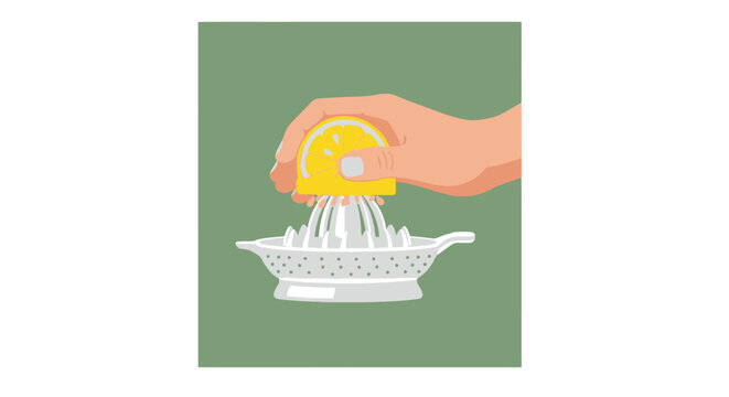 Hand squeezing fresh lemon juice with reamer tool.