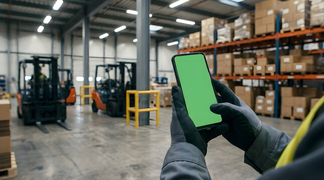 Warehouse worker using a smartphone with green screen among shelves and forklifts chroma key warehouse employee smartphone