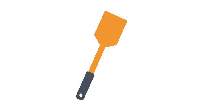 Orange plastic kitchen spatula with black handle upright.