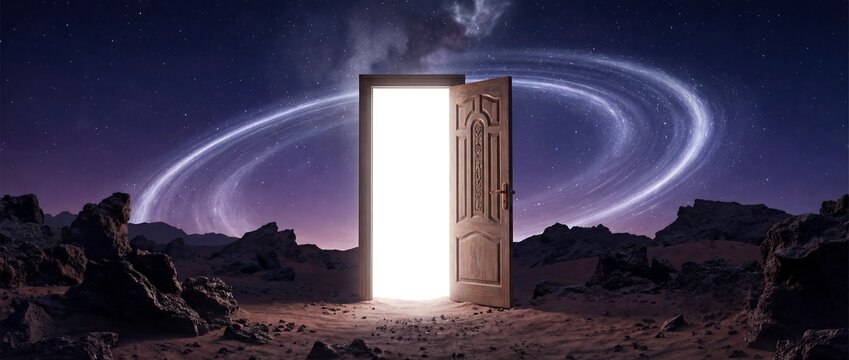 An open door glowing with bright light on a desolate alien planet with prominent rings in the night sky, symbolizing new opportunities and a portal to another dimension.