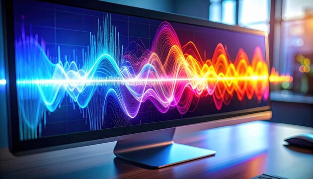 Computer monitor displaying colorful glowing audio frequency wave, sound visualization technology, digital signal analysis, music production interface