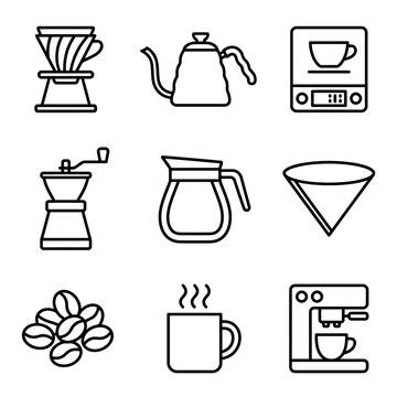 Coffee Beans and Brewing Equipment Icons.