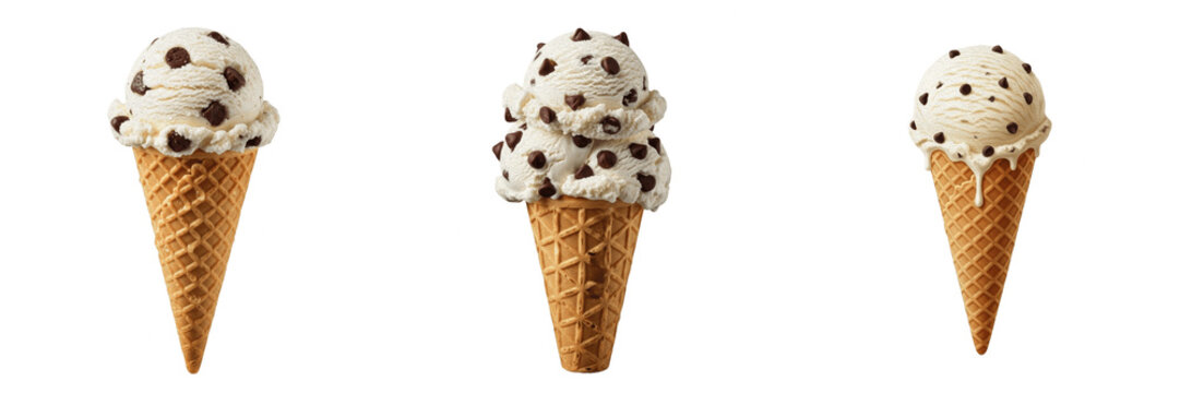 Chocolate chip ice cream waffle cone PNG clipart bundle, mint or stracciatella gelato scoops isolated on transparent background, sweet summer dessert graphic for menu design, dairy food illustration f