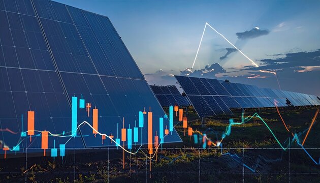 Solar panels with overlaid stock chart against a dusky, cloud-streaked sky