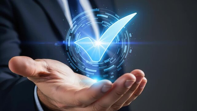 Digital Verification: A businessman's outstretched hand displays a glowing blue checkmark, symbolizing confirmation and digital approval in a modern business context.