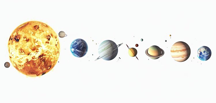 Solar System, planets in a row on white background, science, education