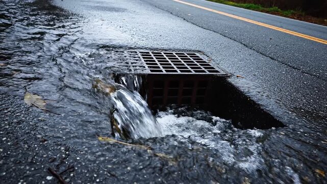 High frame rate tracking shot of stream of clean water rushing down dark asphalt road