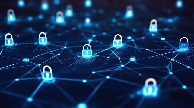 Digital network secured by glowing padlock icons and illuminated data paths, representing cyber security and encrypted connections