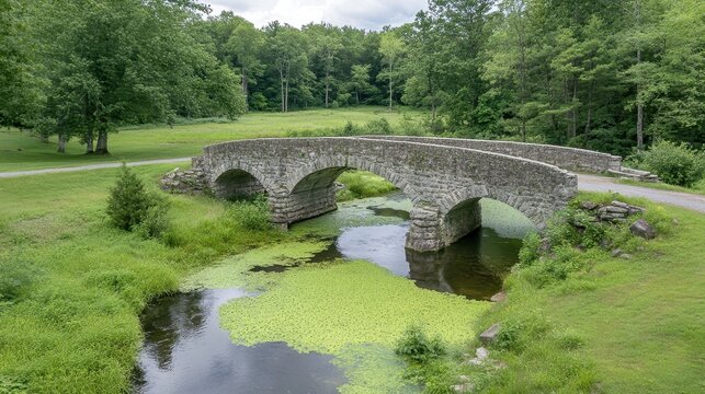 Ancient stone arch bridge spanning a tranquil creek with lush green vegetation and overcast skies