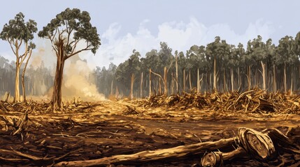 Obraz premium Devastated Forest Landscape Showing Extensive Deforestation and Land Clearing Under Harsh Daylight