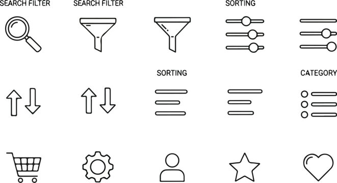 Search filter and data sorting interface icons