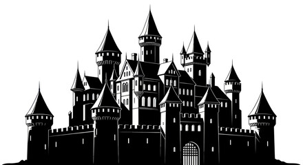 Gothic Castle Silhouette Vector Illustration - Fairytale Medieval Fortress © lobes