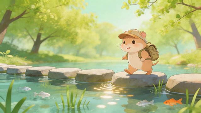 Animated hamster crossing river on stones