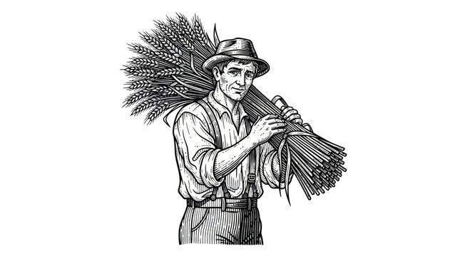 Farmer Carrying Wheat Sheaves on Shoulder, Vintage Illustration