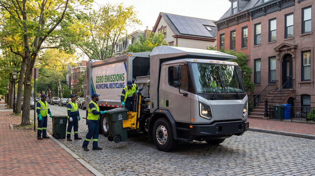 Municipal sanitation workers cleaning urban street with waste collection truck in residential area