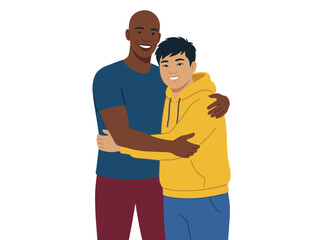 Fototapeta premium Two friends hugging happy, supportive male showing friendship, African man blue shirt Asian man yellow hoodie smiling, isolated white background. Embrace gesture happiness, multiracial friendship