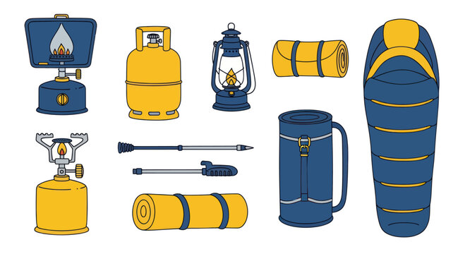 Camping Gear Flat Illustration Set: Stove, Lantern, Sleeping Bag, Tent Mats