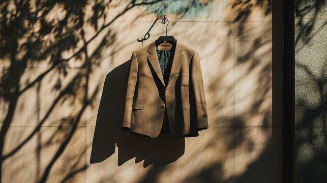 Elegant brown tailored suit jacket hanging outdoors with diffused light and shadows